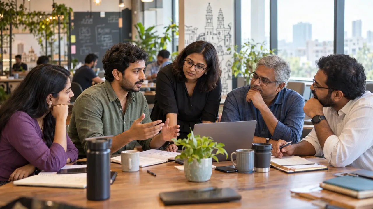 Five people around a table in a co-working space, one of them gesturing as he talks through a problem while the others listen.
