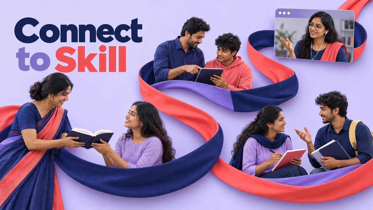 Illustration-style collage of mentors and learners sharing books, a tablet and notes, with a mentor joining by video, linked by flowing ribbons